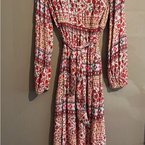 Per Una Red and Pink Patterned Long Sleeve Dress